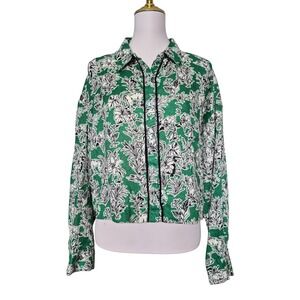 C&C California 100% Linen Green Printed Button Front Shirt Top XL NWT‎